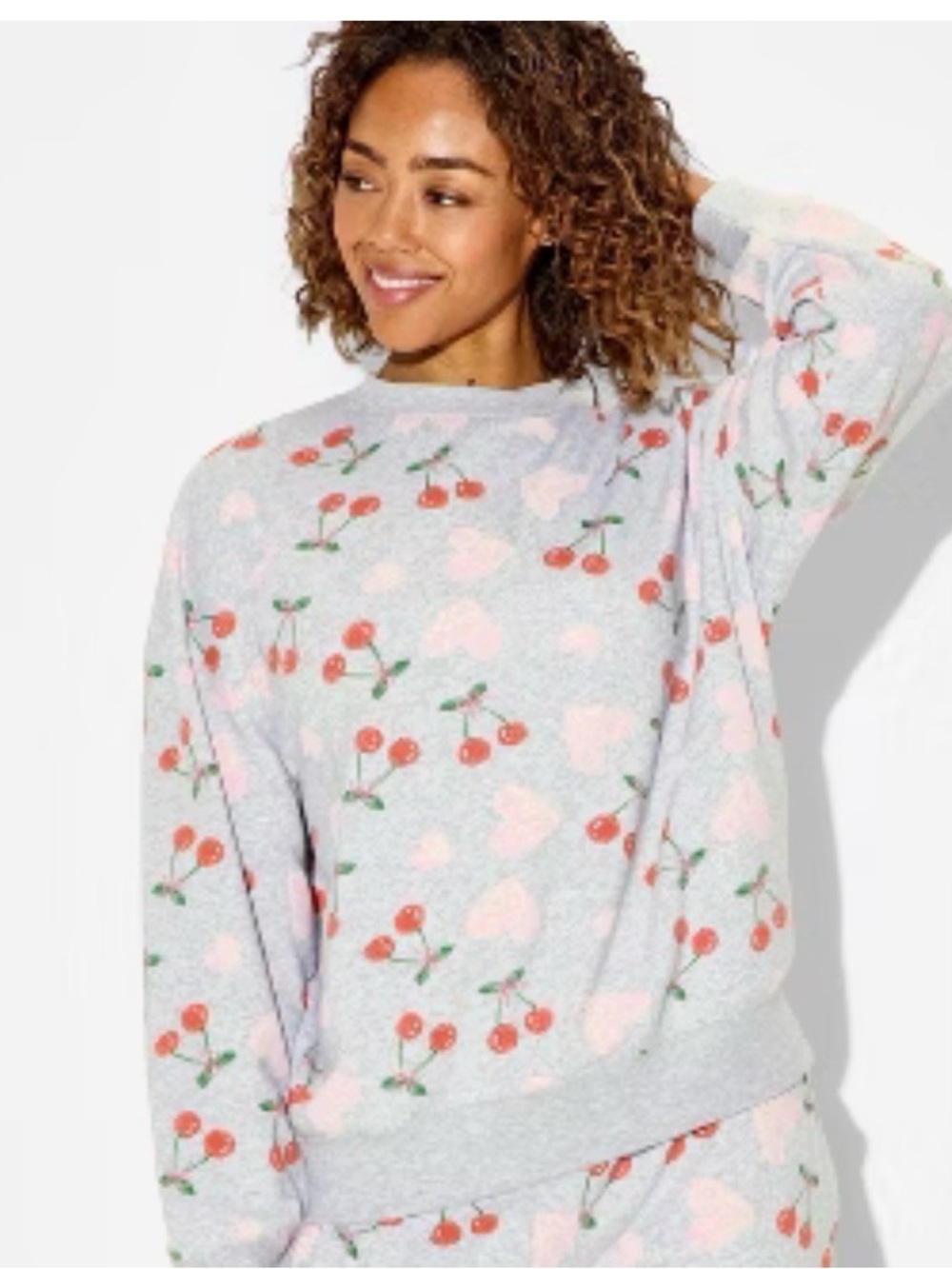 Zoe + Liv Gray Crewneck Sweater with Pink Hearts and Cherry Print